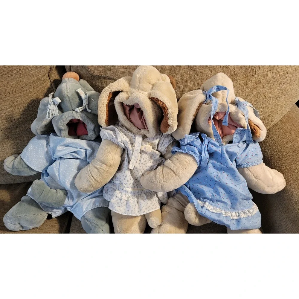 Vintage Wrinkles Dog Plush Puppet Lot of 3 Ganz Bros Tan Grey 1980s ID Tags